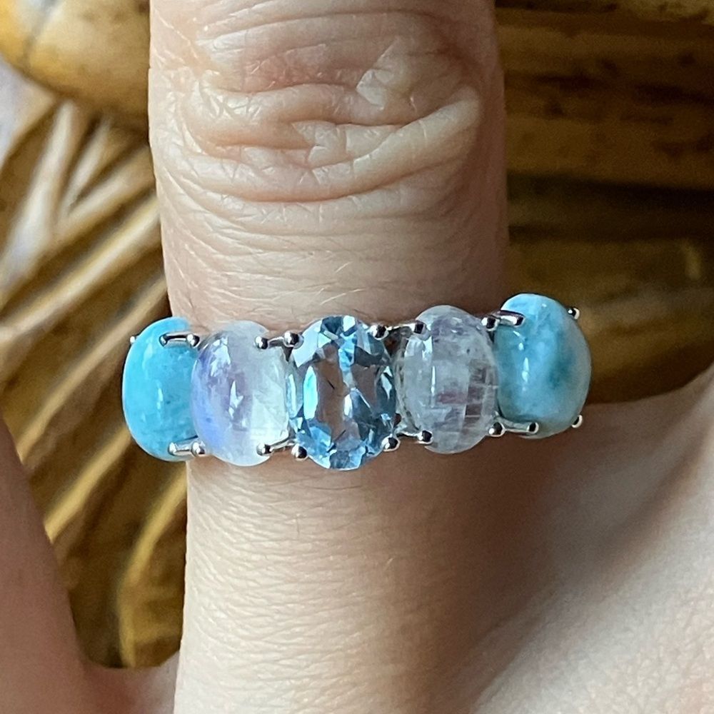 Blue Topaz Rainbow Moonstone Sterling Silver Ring Size 7